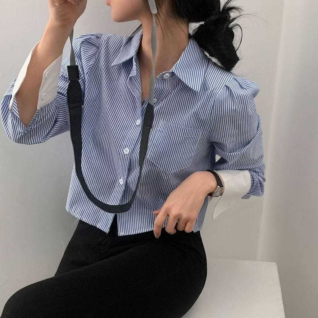 DOLLAR - ZER KEMEJA CROP ADRIANA SALUR KOMBINASI WARNA LENGAN PANJANG KERAH BAJU KANTORAN / Atasan K