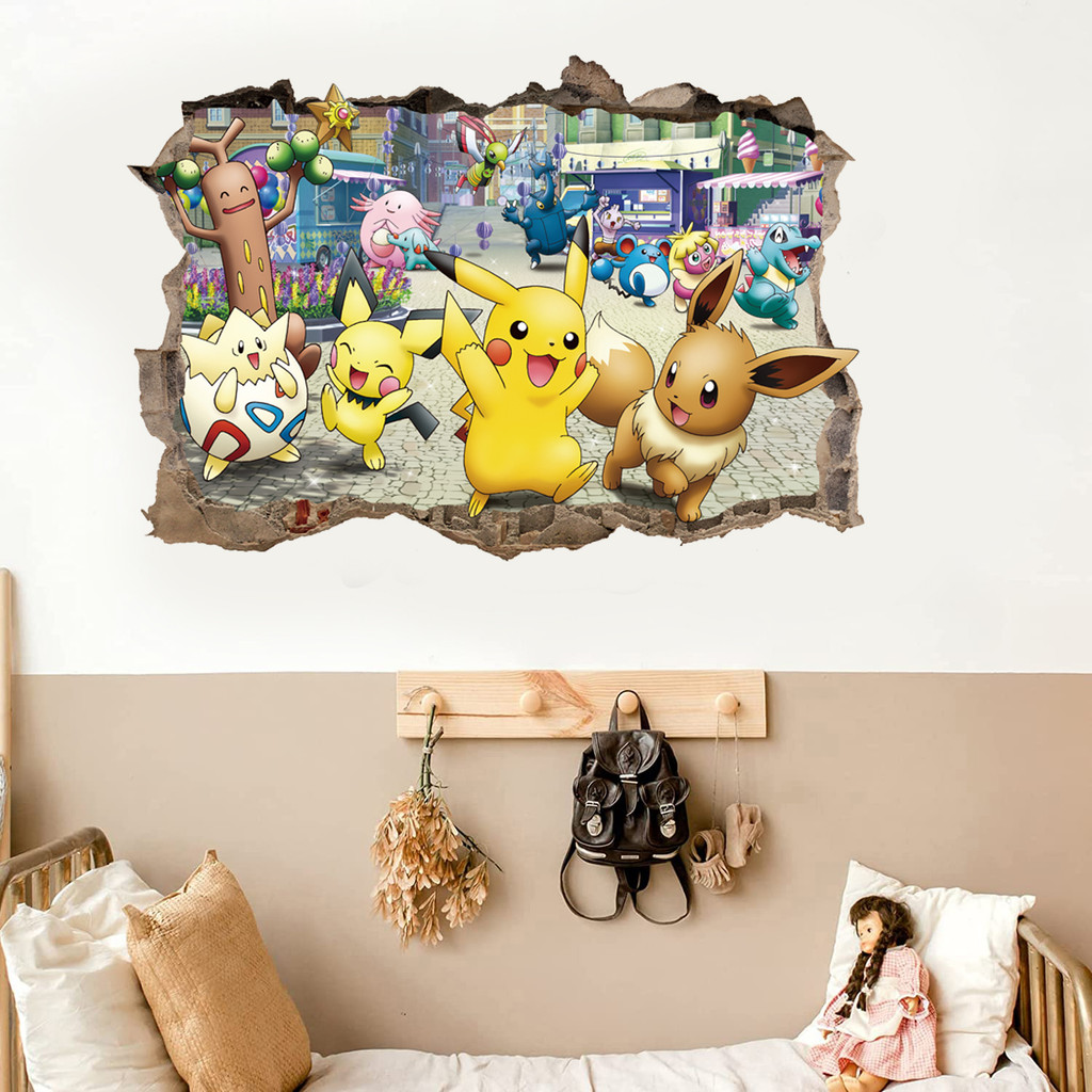 

3D Cartoon Pikachu Wall Stickers For Kid's Rooms Kindergarten Living Room Bedroom Wall Decoration Animated Poster Bedroom Decor