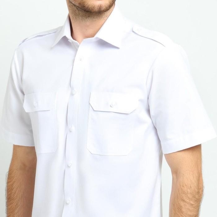 Kemeja Pilot Putih PDH Pangkat Reguler Fit Lengan Pendek Polo Alessandro Seragam Pria - 14( XS), Pen