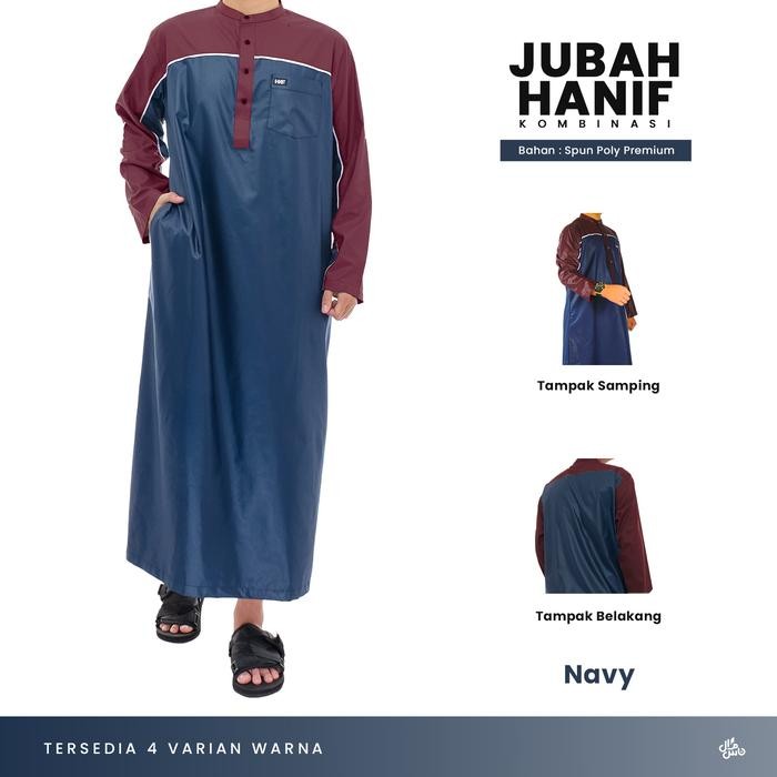 Jubah Gamis Hanif Pria Dewasa Lengan Panjang Kombinasi Abu Krem Navy - Navy Maroon, S