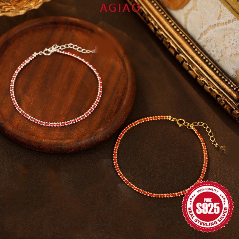 AGIAO Gelang Pasangan 18K Emas Plating Gelang Vintage Wanita Tali Merah