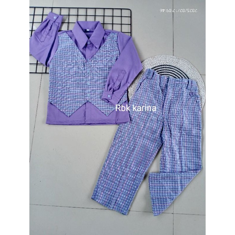 Seragam TK Paud Laki laki cowok cewek warna ungu motif kotak kotak