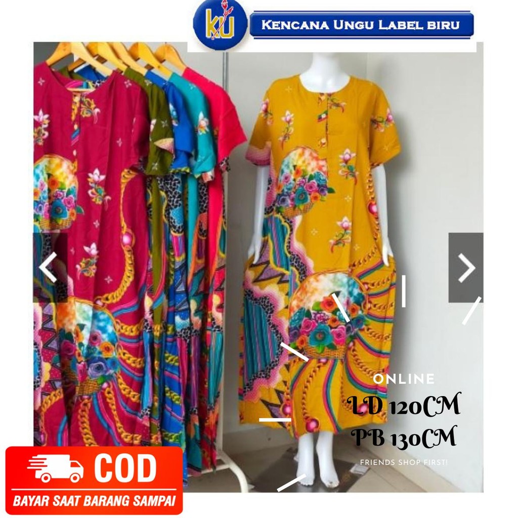 Daster Kencana Ungu Terbaru Label Biru Bahan Halus dan Adem Dress panjang lengan pendek Motif Kekini
