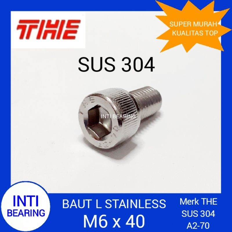 BAUT L STAINLESS M6 x 40 MERK THE M6x40 SS SUS 304 HEX SOCKET HEAD CAP SCREW KUNCI L 5 L5 PITCH 1 HI