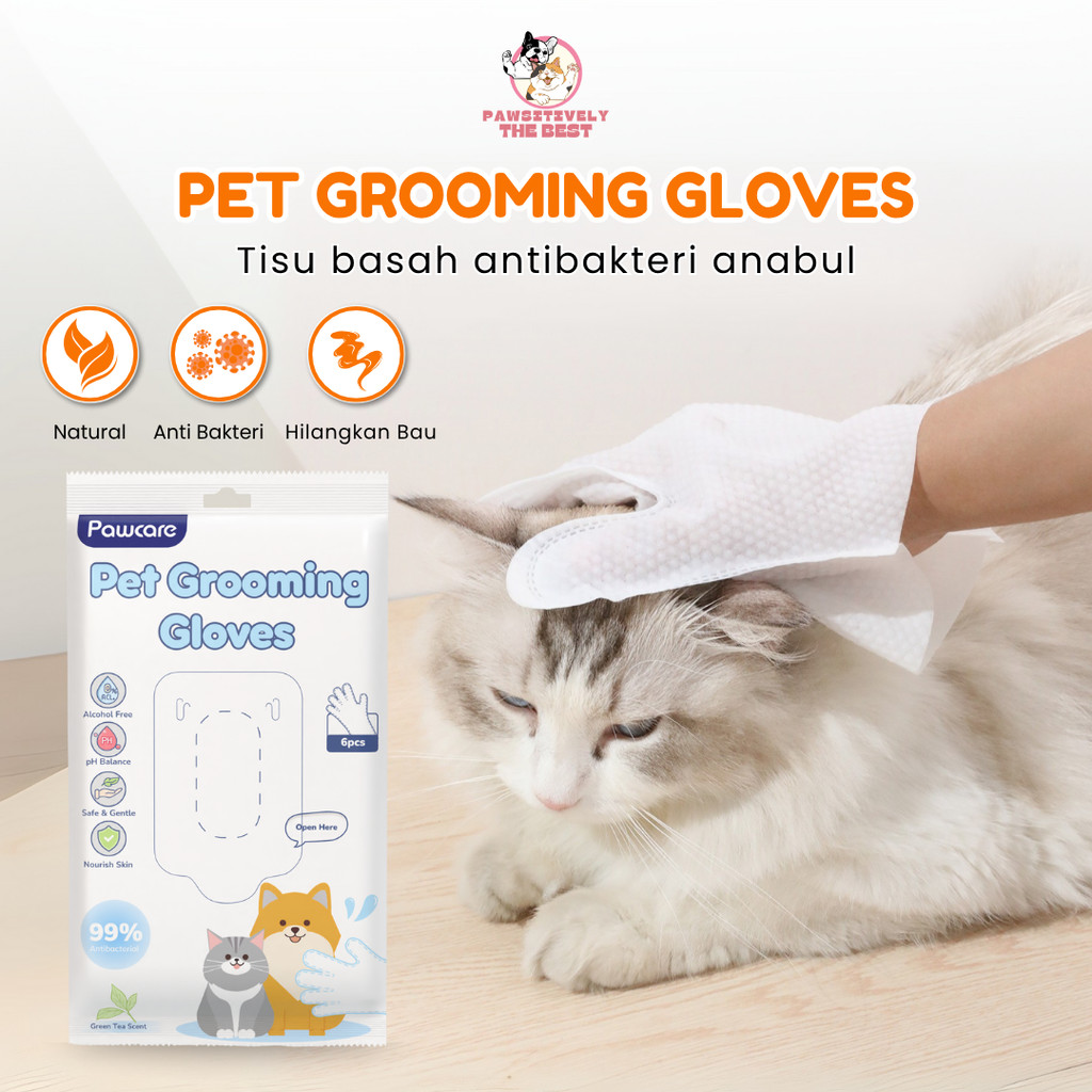 Sarung Tangan Mandi Kucing Tea Tree Extract isi 6pcs - Pet Care Grooming - Pawcare