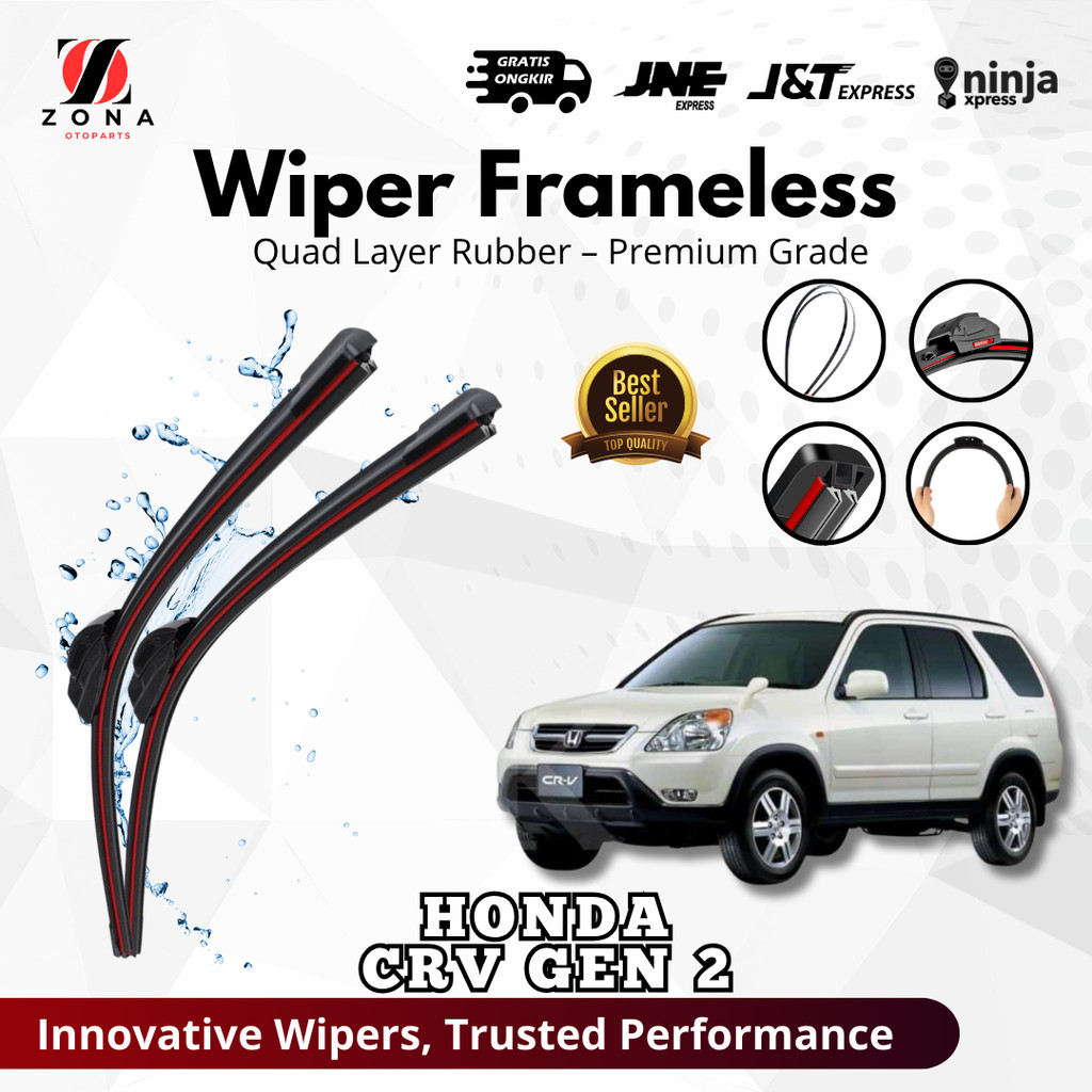 Wiper Quad Blade Frameless Honda CRV 2002 - 2006 / CR-V Gen 2 Satu Set Depan Kiri Kanan