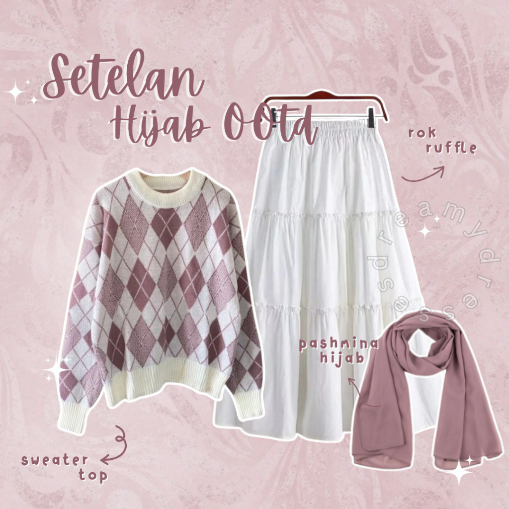 BEST SELLER/ One Set Hijab OOTD Hijab Korean Style Outfit Casual Remaja Lebaran (Hijab,Sweater,Rok) 