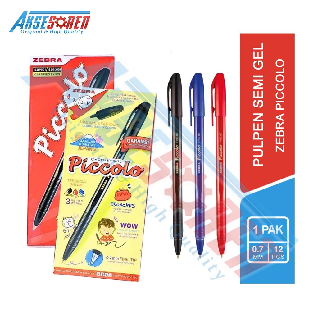 

Aksesoren Pulpen Zebra Piccolo [1 Pack/12pcs] / Bolpen Semi Gel Picolo Hitam Biru Merah 1 Pak / Ballpoint