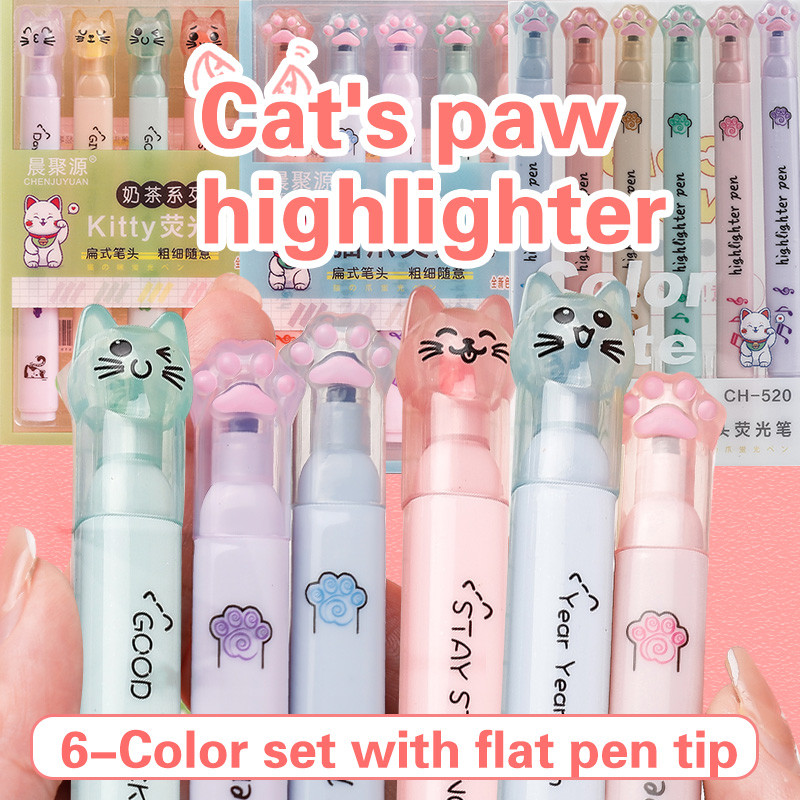 

6 pcs/pack Kawaii Cat Claw Pastel Color Highlighters Drawing Art Markers Fluorescent Pen Gift Stationery Cute School Supplies