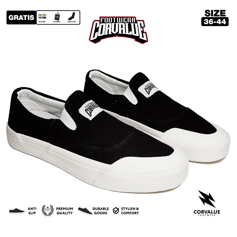 SEPATU CORVALUE FOOTWEAR - Sepatu Slip On Louisville Black White Og