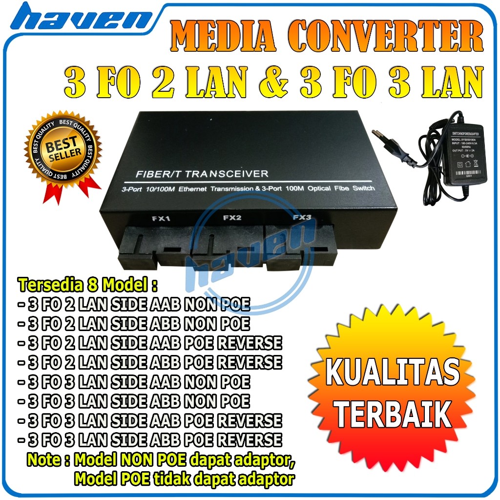 Media Converter 3 Port FO 2 Port LAN / Switch Fiber 3 FO 2 SC