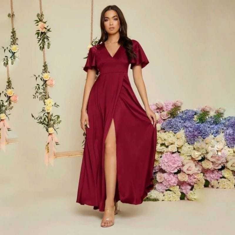 AA2 Polos Hitam Enamor Dress Rok Payung Satin Silk Ukuran S-4XL TERLARIS