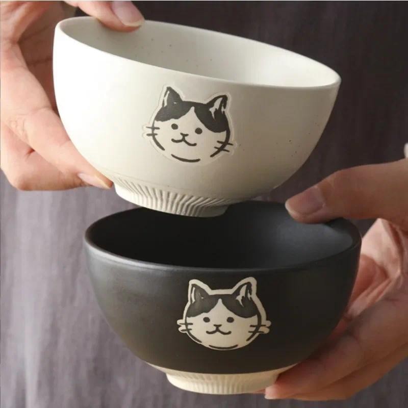 

Japanese Hand-painted Stoneware Cat Face Ceramic Bowl 4.5inch Underglaze Color Craft Cute Cat Rice Bowl Soup Bowl Kitchen Tools