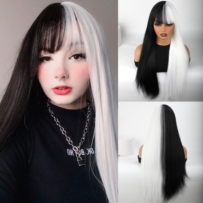 Wig Lolita Wig Daily Lolita Wig Rambut Lolita Wig Dua Warna-Hitam/Putih