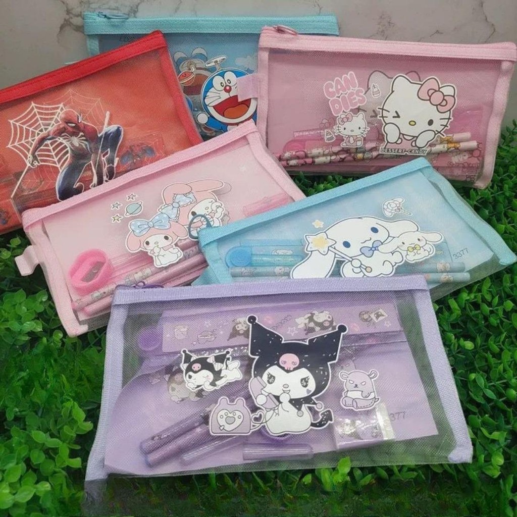 

CUTE CHARACTER STATIONERY SET - MESH PENCIL CASE 8IN1 alat tulis sekolah anak lengkap