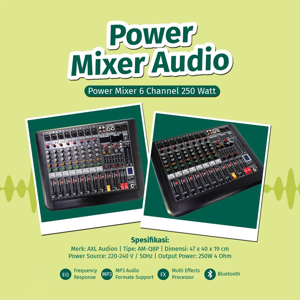 Power Mixer 8 Channel 250 Watt AXL Audion Professional Audio System Ultra-Slim Mixing Console Blueto