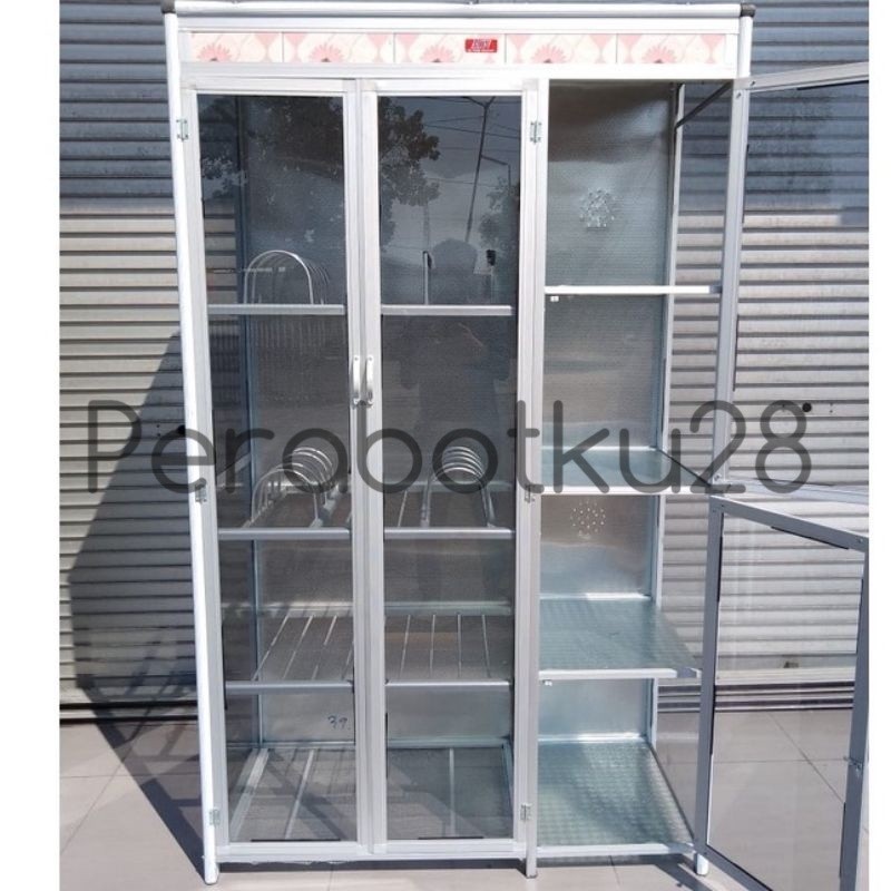 [PRABOTKU28] TERMURAH Rak Piring 3 Pintu Kaca Polos Hitam - Lemari Sayur Kaca - Lemari Piring Kaca 3