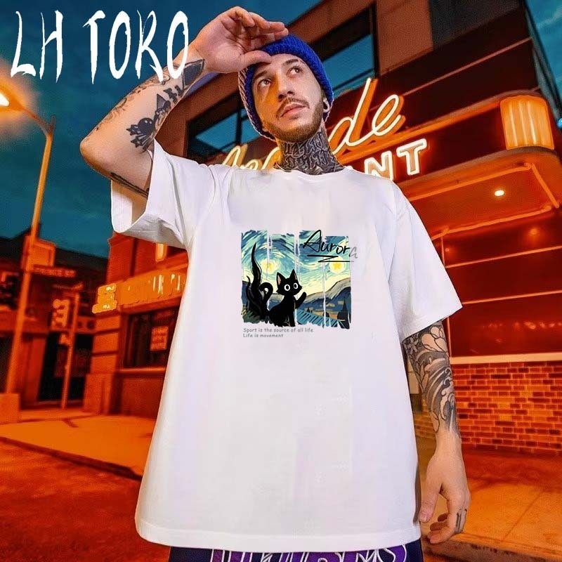 (COD) Kaos Desain cetak pola kucing, gaya unisex, katun bernapas 100% warna solid hitam dan putih, k