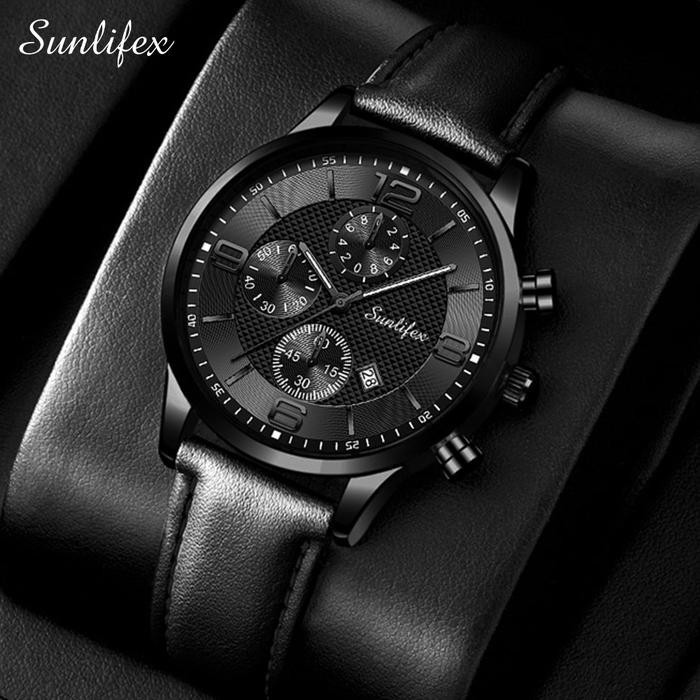 Sunlifex Jam Tangan Pria Original Tali Kulit Kalender Jam Tangan Cowok - allblack