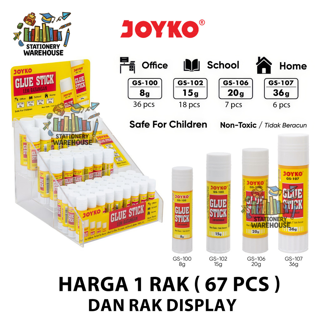 

Rack Glue Stick Lem Kertas Batang Joyko GS-Mix-67 ( 67 pcs ) GS-100 GS-102 GS-106 GS-107 8 gr 15 gr 20 gr 36 gr