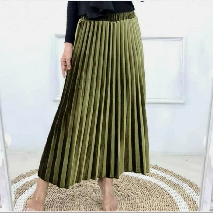 Rok Plisket Payung Beludru Import - army