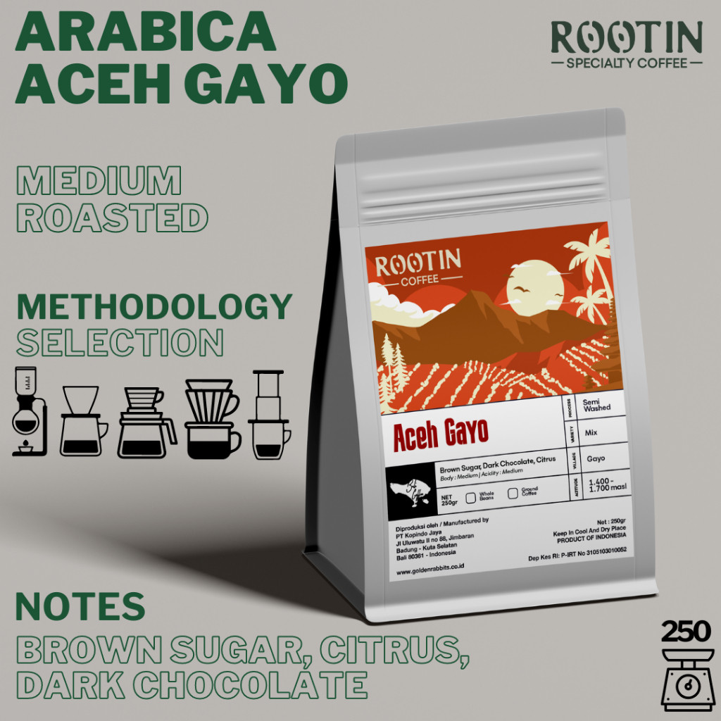 

Rootin Coffee Aceh Gayo Single Origin Arabika Roasted Beans Biji dan Bubuk Kopi / 250gr