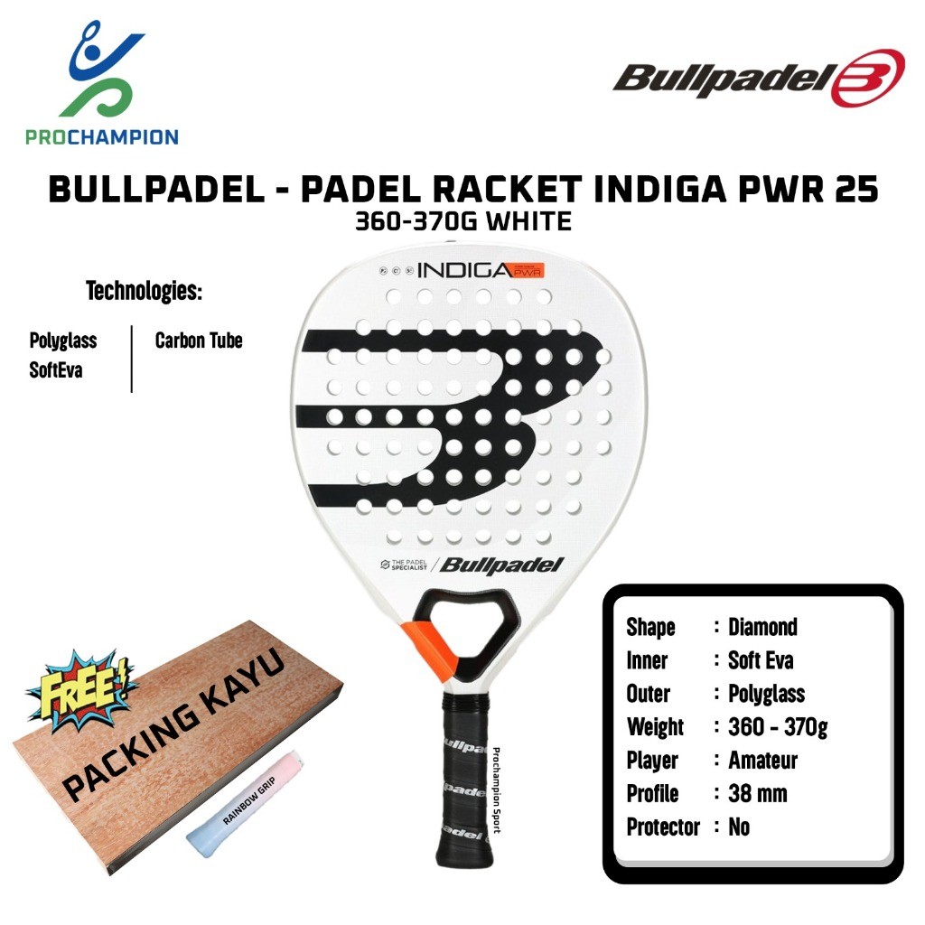 READYYY Padel Raket BULLPADEL Indiga PWR 25 360-370 G White
