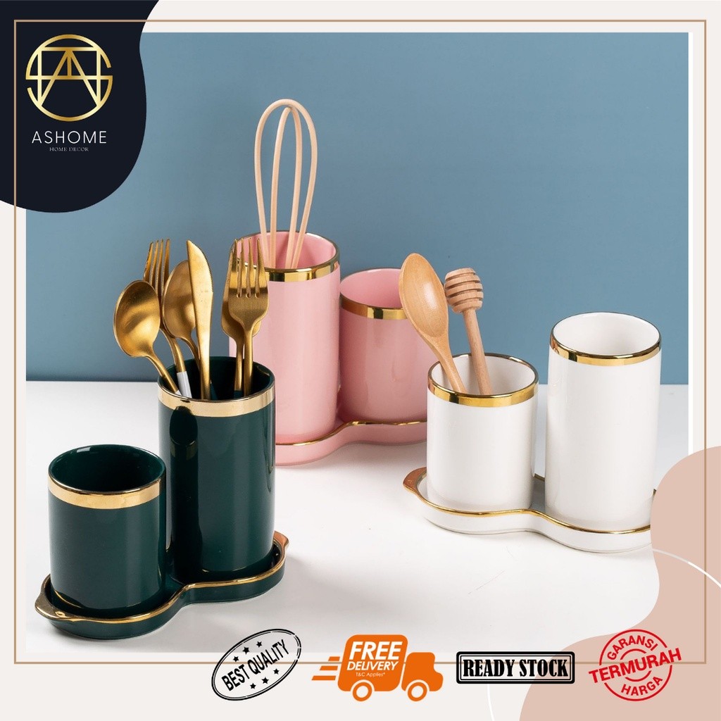 ASHOME Set Tempat Sendok Keramik dengan 2 Tabung List Gold Berbagai Warna / Tempat Sendok Aestetik /