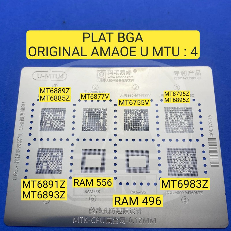 PLAT STENSIL PLAT BGA CETAKAN MTU 4 MT6889z MT6885z RAM556 RAM 496 MT6984z MT6891zCPU MTK MTU 4 ORIG