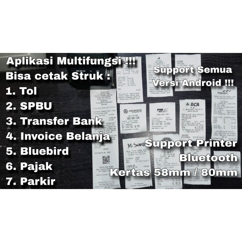 Aplikasi Android Cetak Struk Tol Jasamarga, SPBU Pertamina, Tf all Bank, Penjualan, Bluebird, Pajak,