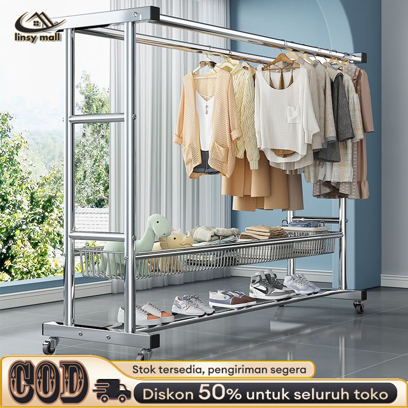 Jemuran Baju Besar Kokoh Stainless Steel Jemuran Baju Tabung Baja Gantungan Baju Berdiri Stainless