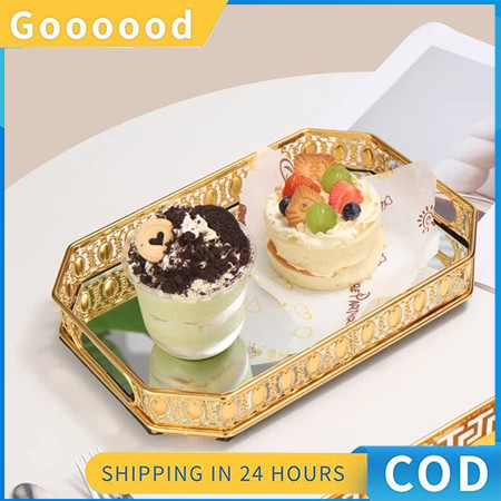 BUPESHOP [Stok Tersedia] Nampan Mewah Ringan Gaya Eropa/Baki Cermin Kaca Logam Mewah Ringan Gaya Ero