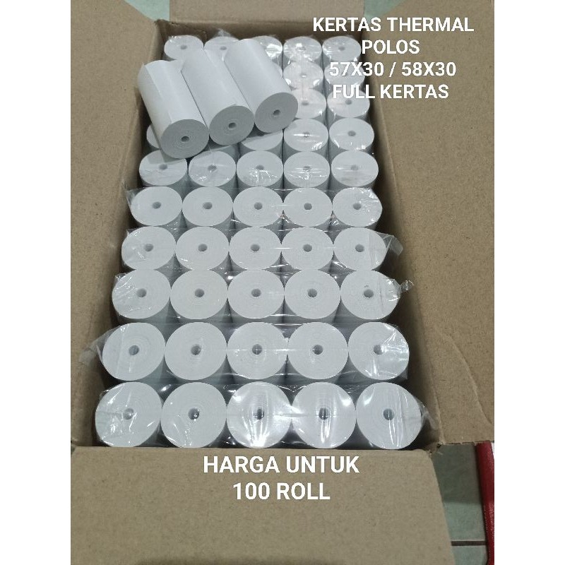 

( 100 ROLL ). KERTAS THERMAL POLOS 57x30 / 58x30.untuk mesin edc dan printer bloutot
