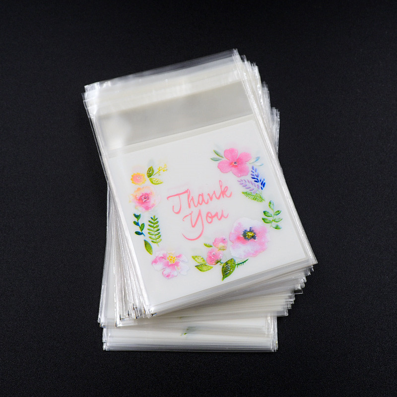 

100pcs/lot Plastic Bags Thank you Flower Self-Adhesive Bags for Homemade Cookie Party Gifts Bag DIY Jewelry Packaging Bag