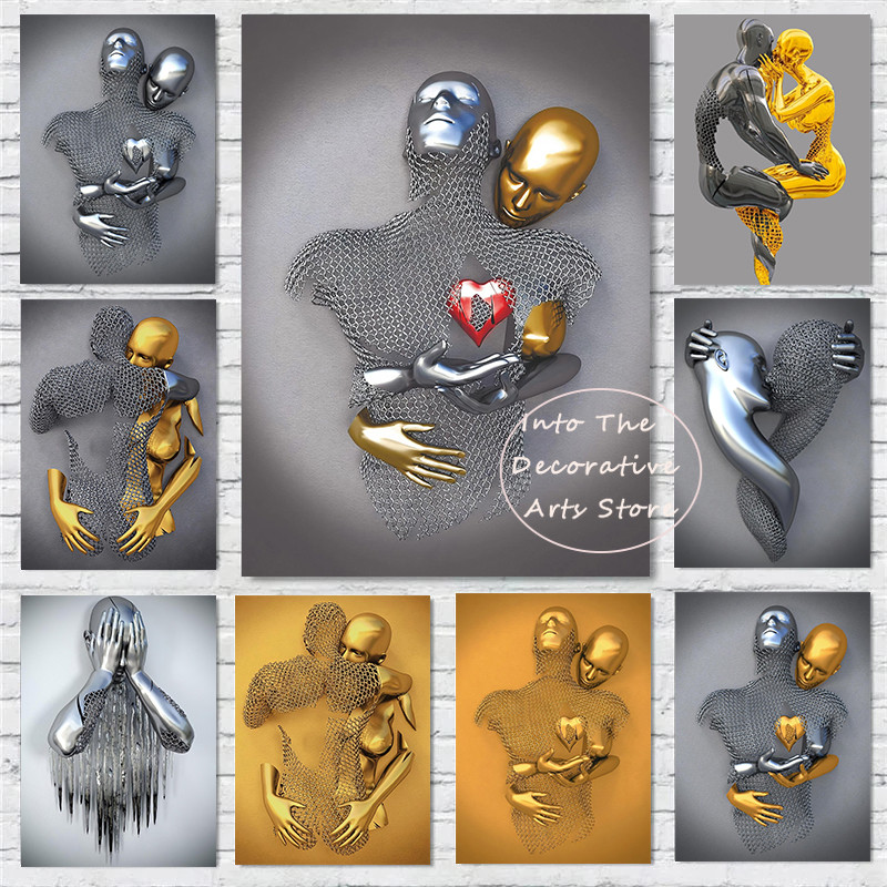 

Luxury Golden Metal Romantic Lovers Abstract Sculpture Series Canvas Painting HD Print Wall Pictures Living Room Home Decoration