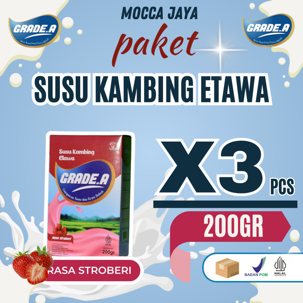 

PAKET 3 BOX GRADE.A SUSU KAMBING ETAWA BUBUK RASA STROBERI 200GR BOX