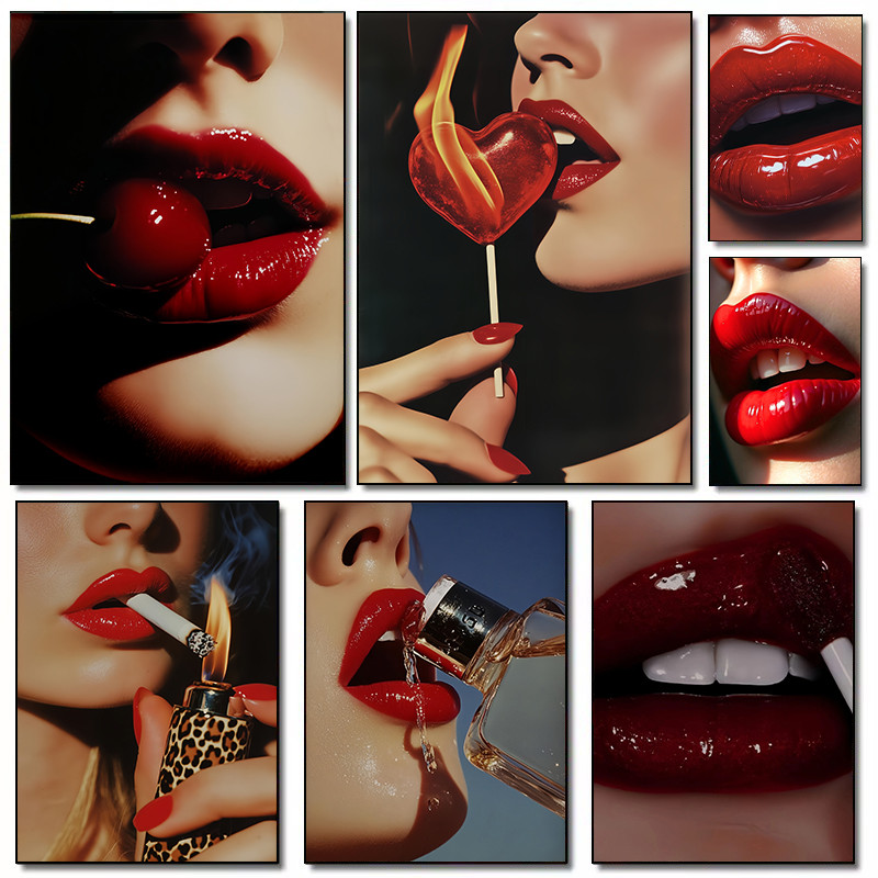 

Trendy Cherry Girly Red Lips Beauty Luxury Posters and Prints Canvas Printing Wall Art Picture for Living Room Home Decor Gifts