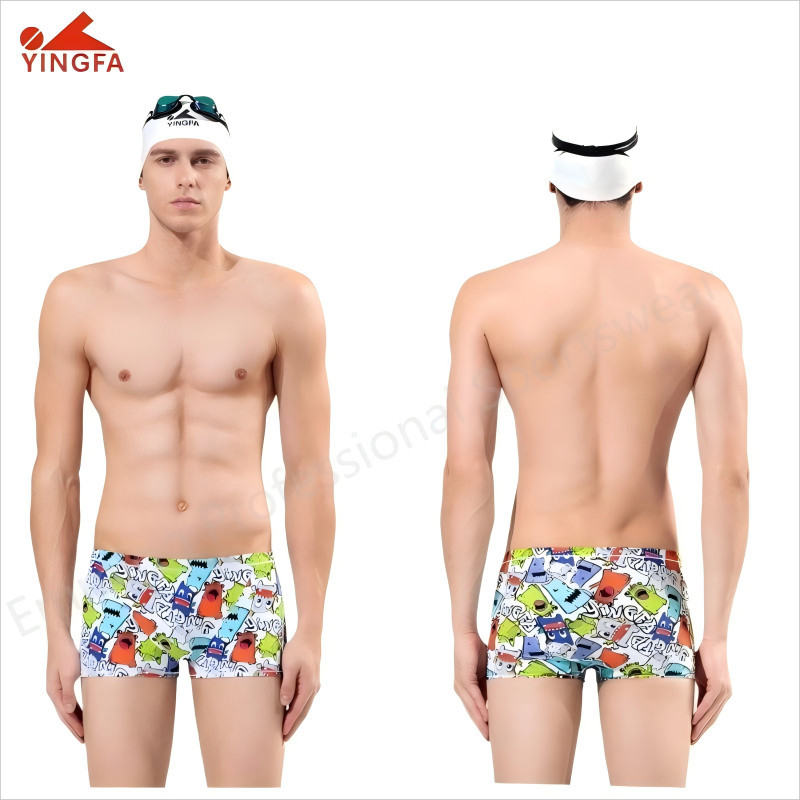 YINGFA Men's Swimming Trunks Boxer Male Professional Racing Swimwear Fashionable Printed Quick Dryin