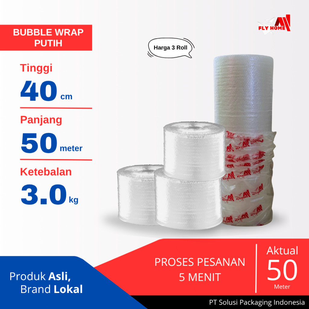 

FLYHOME Bubble wrap potongan 40cm putih 3kg 3 roll hitam 40x50meter