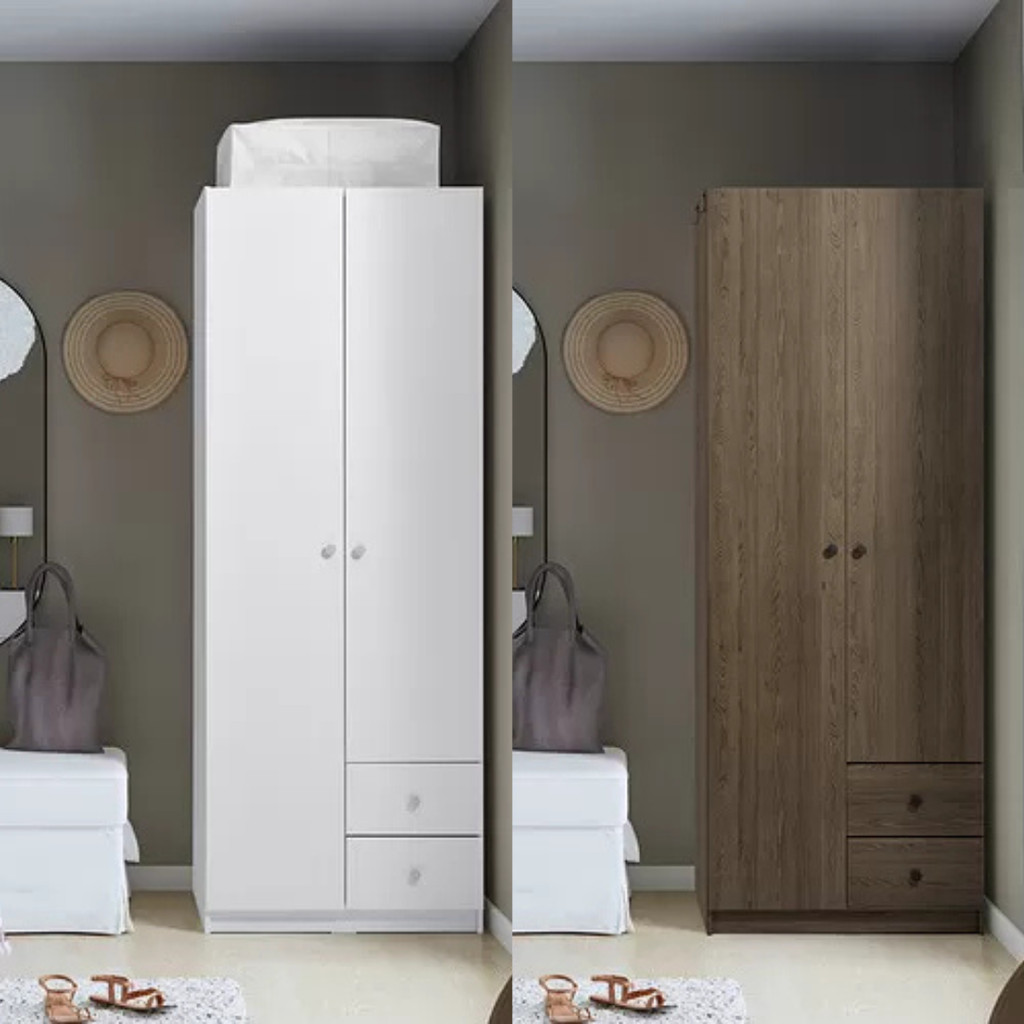 IKEA, Lemari pakaian 2 pintu dan 2 laci, putih/coklat, 79x57x201 cm