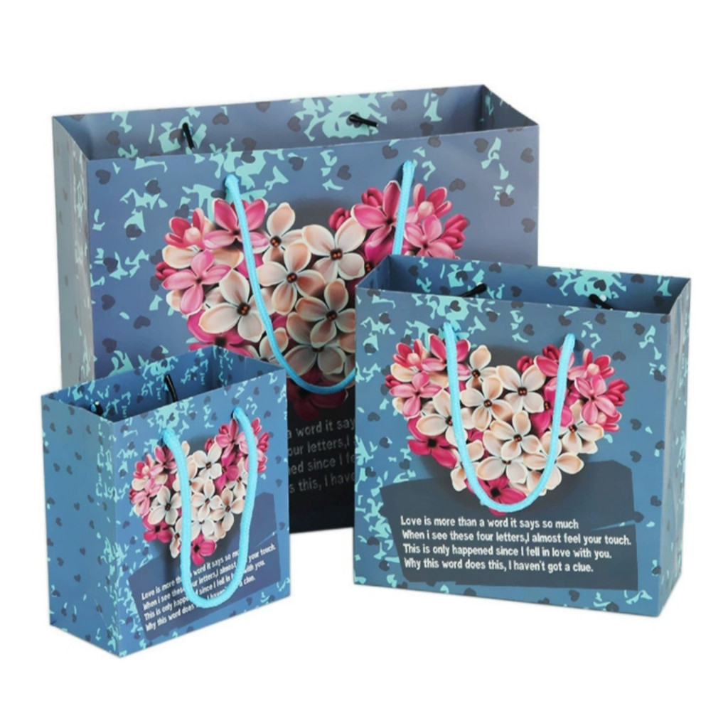 

PAPERBAG HAMPERS SOUVENIR BLUE LOVE HEART FLOWER PEMBUNGKUS HADIAH TAS GOODIE BAG