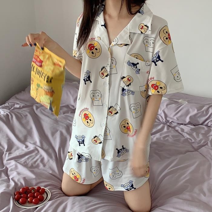 New Setelan Baju Tidur Piyama Motif Set Lengan Pendek Celana Pendek Untuk Wanita 2 - anpanman, L