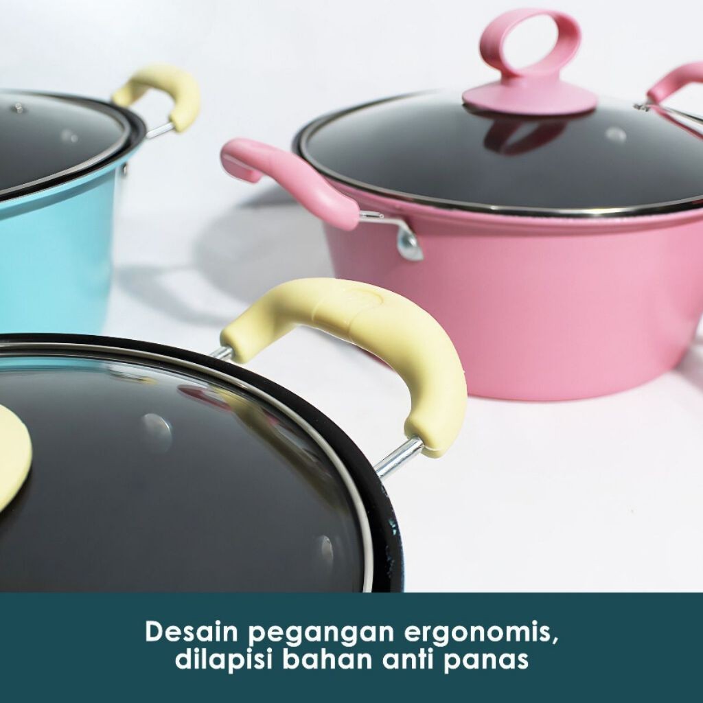 Panci Sup Enamel 18 20 22 24 cm Dengan Penutup Kaca / Teflon Wajan Bulat Gagang Kuping Goreng Tumis 