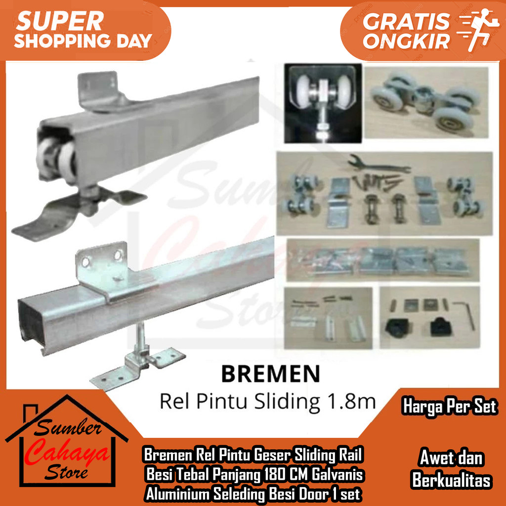 Bremen Godia Rel Pintu Geser Sliding Rail Door Engsel B3 Ukuran 180 cm 200cm 160cm 300cm 1Set Sledin