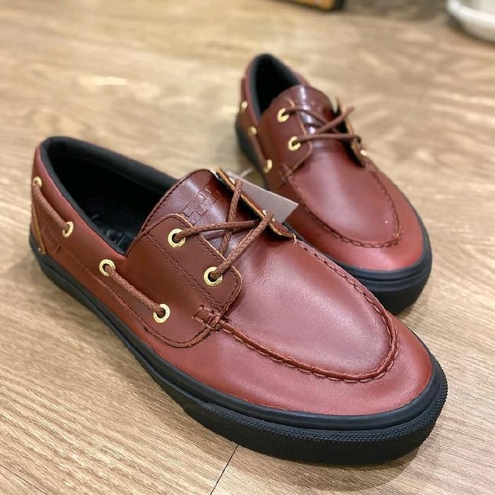 VANS SLIP ON LOAFER 2 EYELET V176CF BROWN BLACK LEATHER JAPAN ORIGINAL Shoes Casual Pria - 43