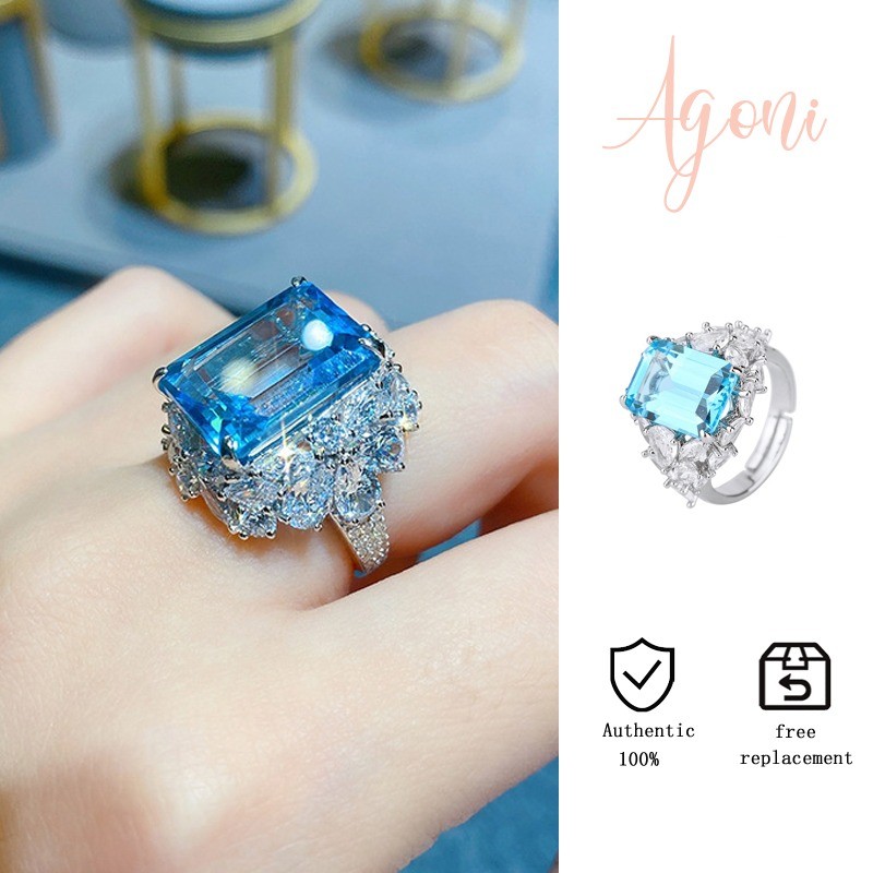 Cincin Terbuka Fashion dengan Topaz Biru Laut Berlapis Penuh Berlian Potongan Putri