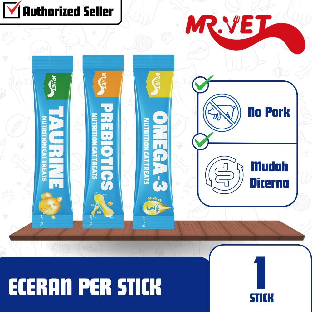 Mr Vet Cat Treats Prebiotics Omega 3 Taurine Camilan Kucing Creamy Snack Kucing Eceran Per Stick