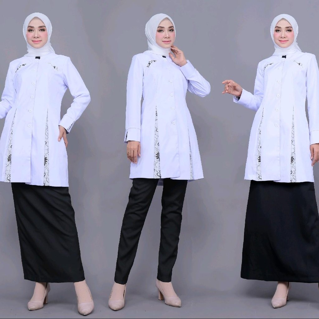 Seragam Kerja Dinas tunik putih hitam tunik belah kombinasi batik setelan rok A/celana panjang/rok s