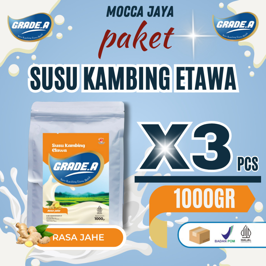 

Paket 3 Pcs Grade.A Susu Kambing Etawa Bubuk Rasa Jahe 1kg\1000gr