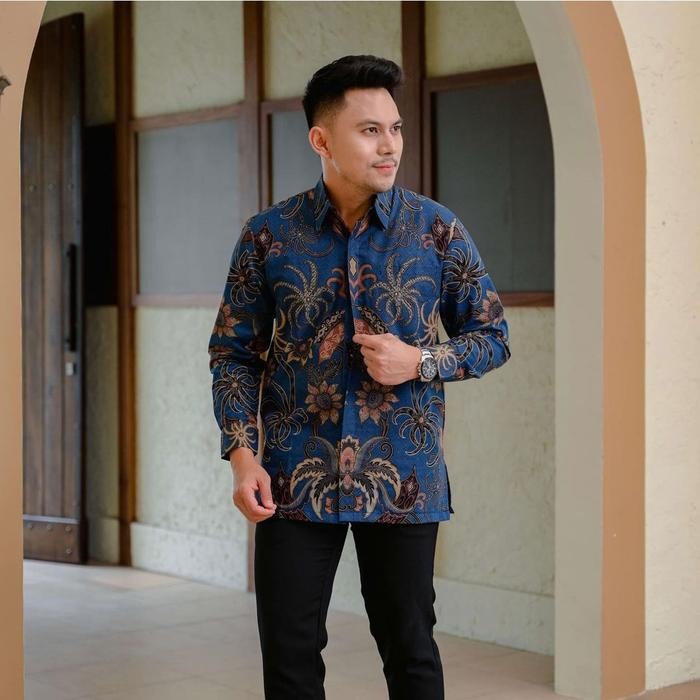 Kemeja batik pria lengan panjang motif parang 018 - Biru, S